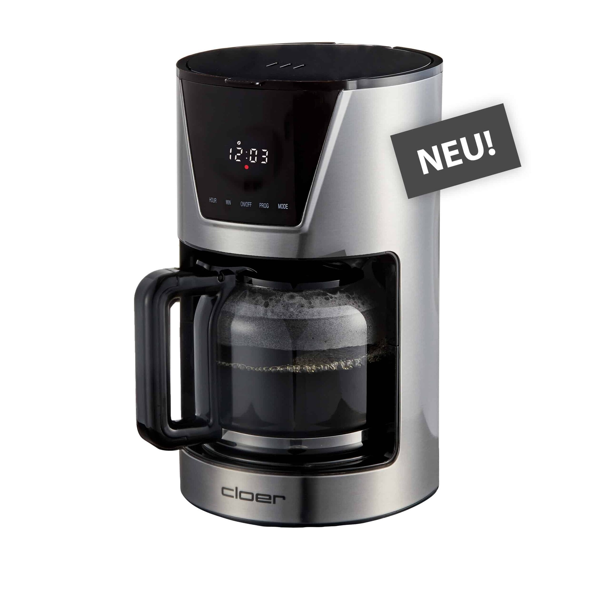 Srebrno-czarny ekspres do kawy ze szklaną karafką, wyświetlający godzinę i naklejkę 'NEU!'