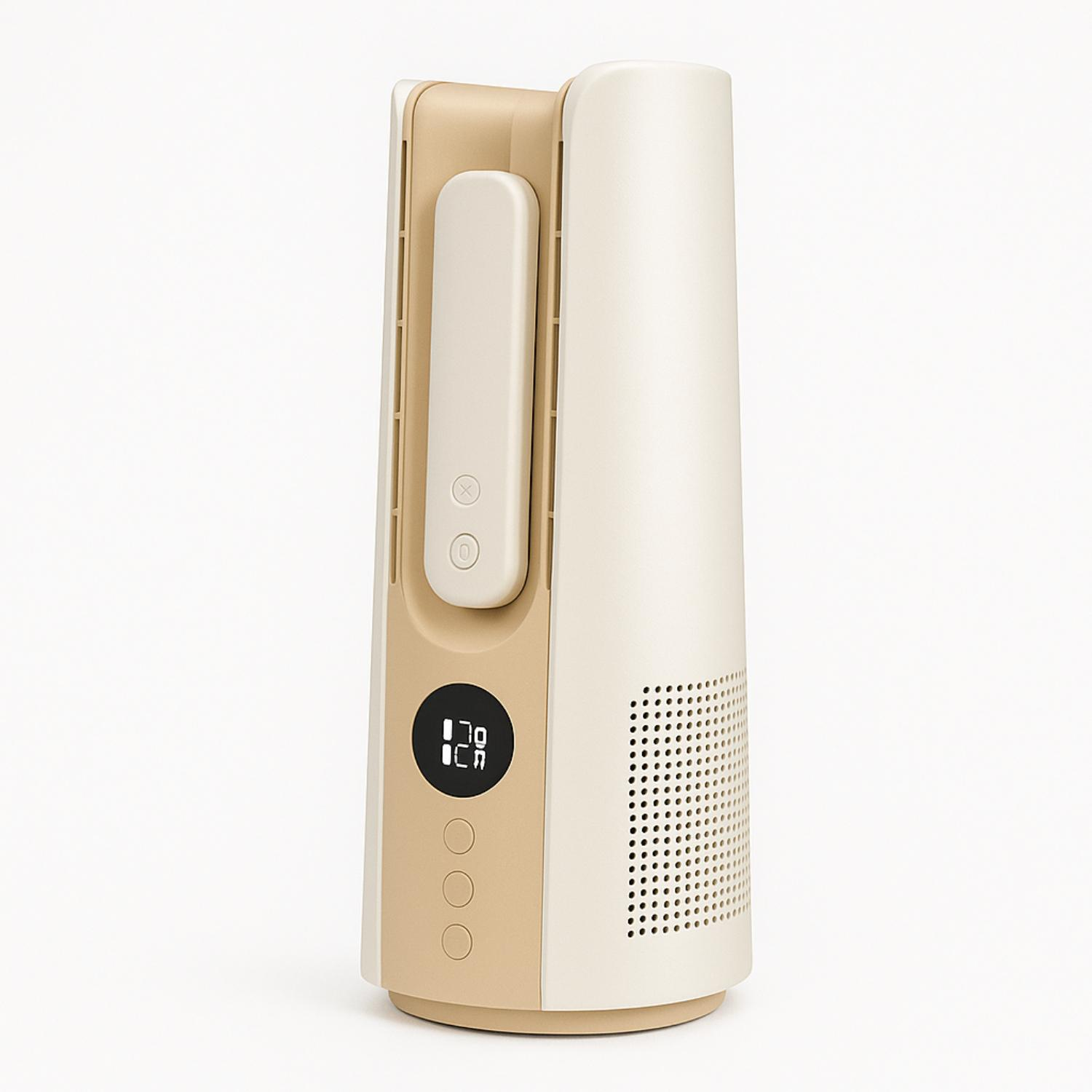 Ein beige-weißer Ventilator mit Display steht auf weißem Grund.