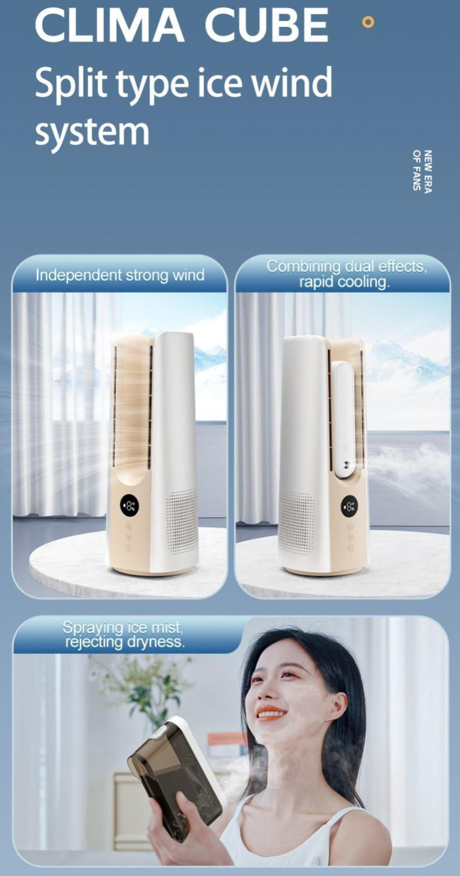 Eine Werbung, die ein zweiteiliges Eiswindsystem mit zwei Einheiten und eine Frau mit Gesichtsspray zeigt.