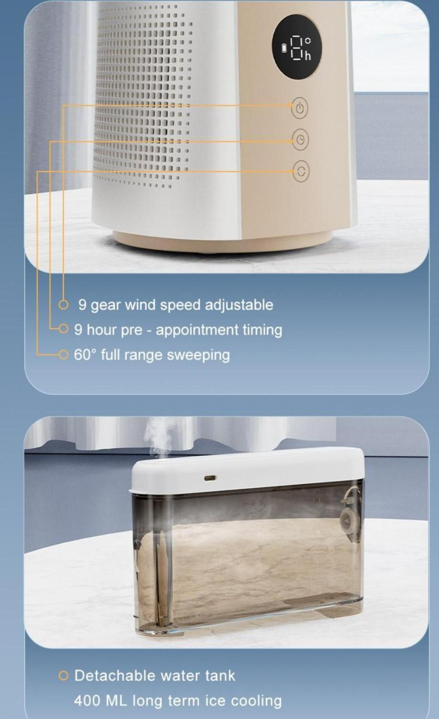 Ein beige-weißer Ventilator und ein Diagramm, das die Funktionen des Ventilators zeigt.