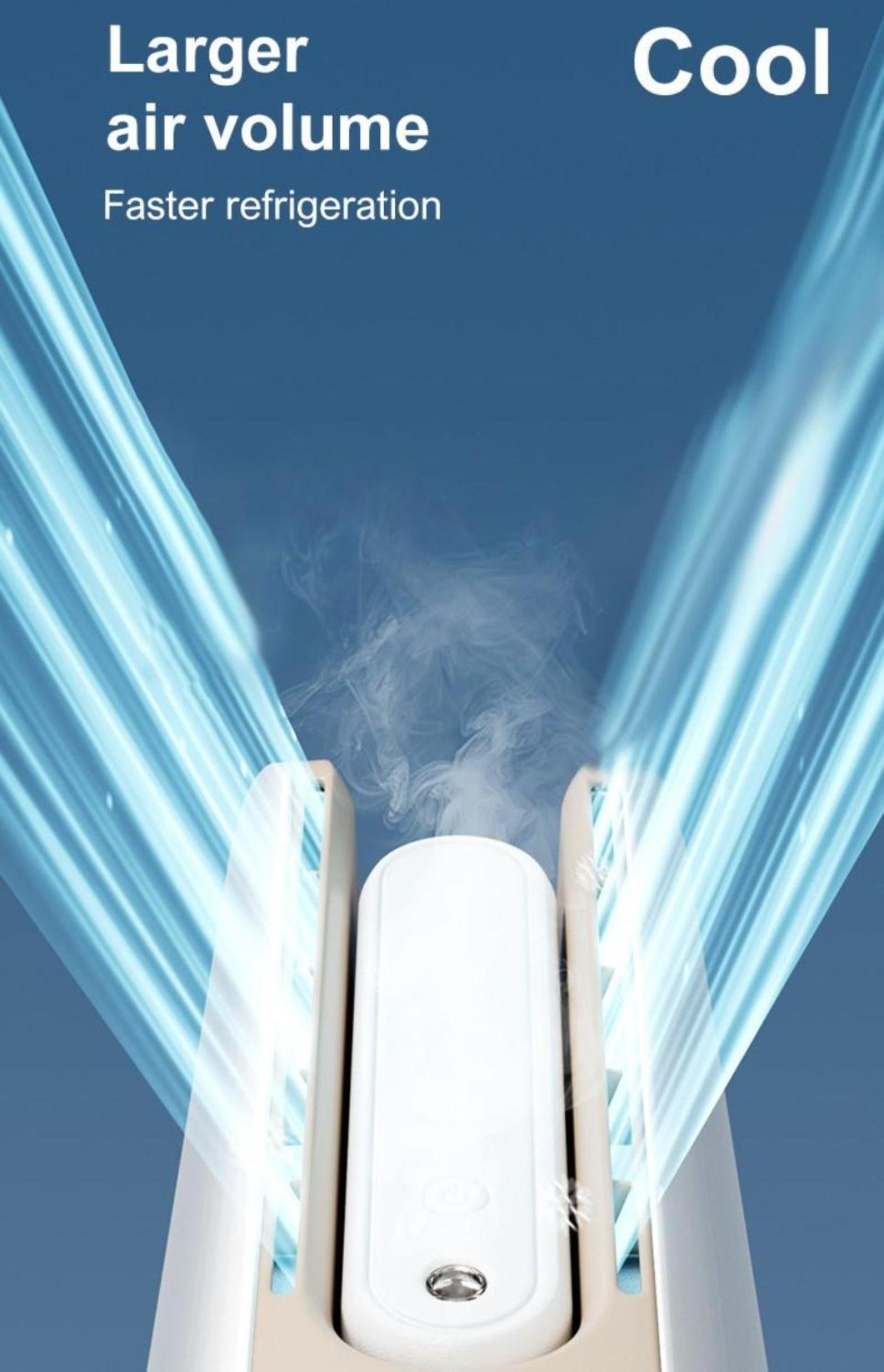 Ein beige-weißer Ventilator sprüht Luft vor blauem Himmel.