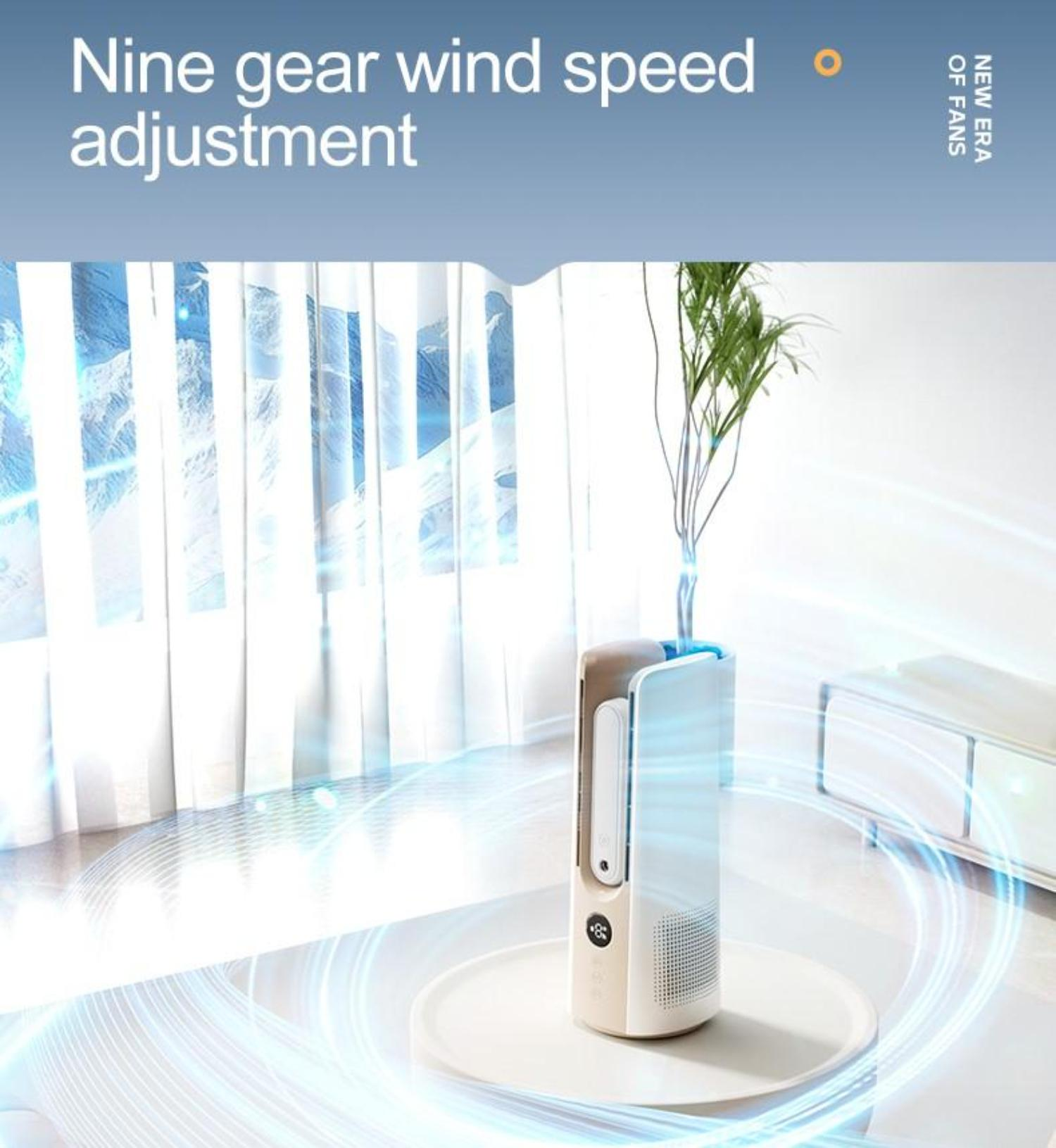 Weißer Ventilator auf einem Tablett; Fensterhintergrund. Text: Neun Gänge Windgeschwindigkeitsanpassung.