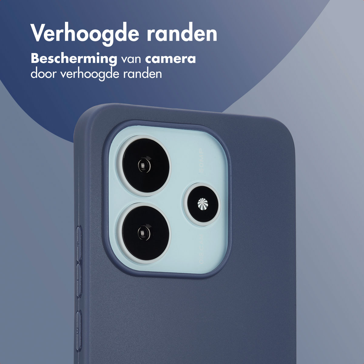 Gros plan d'une coque de téléphone bleue avec bords surélevés protégeant les lentilles de l'appareil photo.