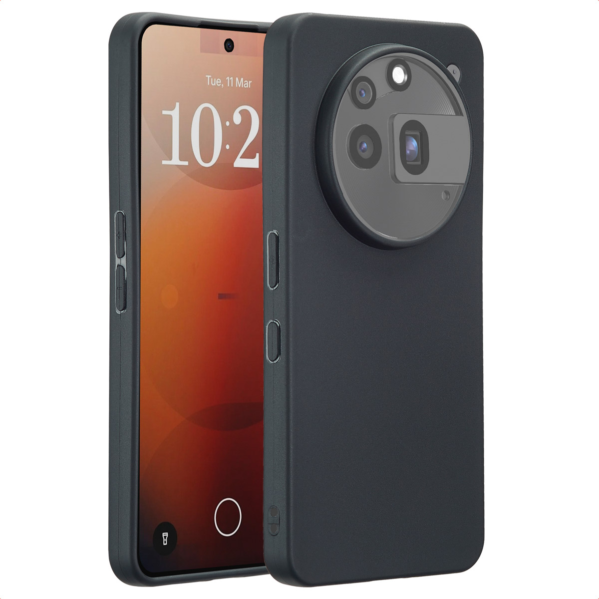 Zwarte telefoon met een grote, cirkelvormige cameramodule. Het scherm toont de datum en tijd.