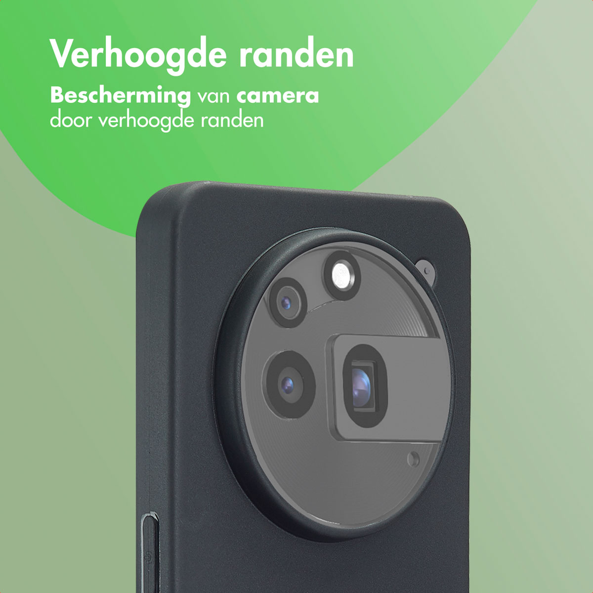 Zwarte telefoonhoes met cameramodule. Close-up toont de verhoogde randen rond de lenzen.