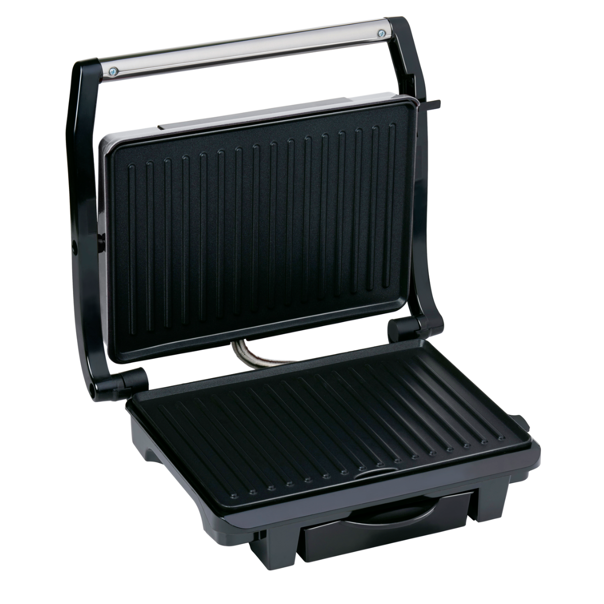 Open black grill showing the grilling surfaces and a bottom drawer.