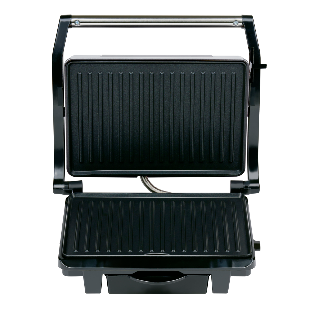 Open black grill with grilling surfaces and a bottom drawer.