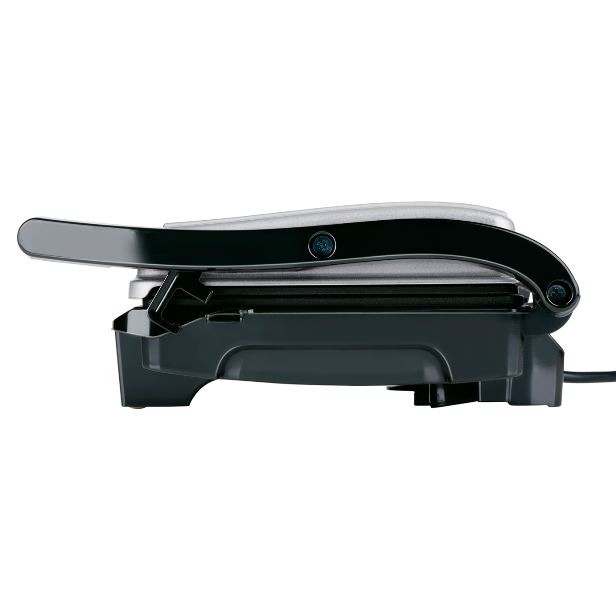 Side view of a black and silver grill with a handle and black base.