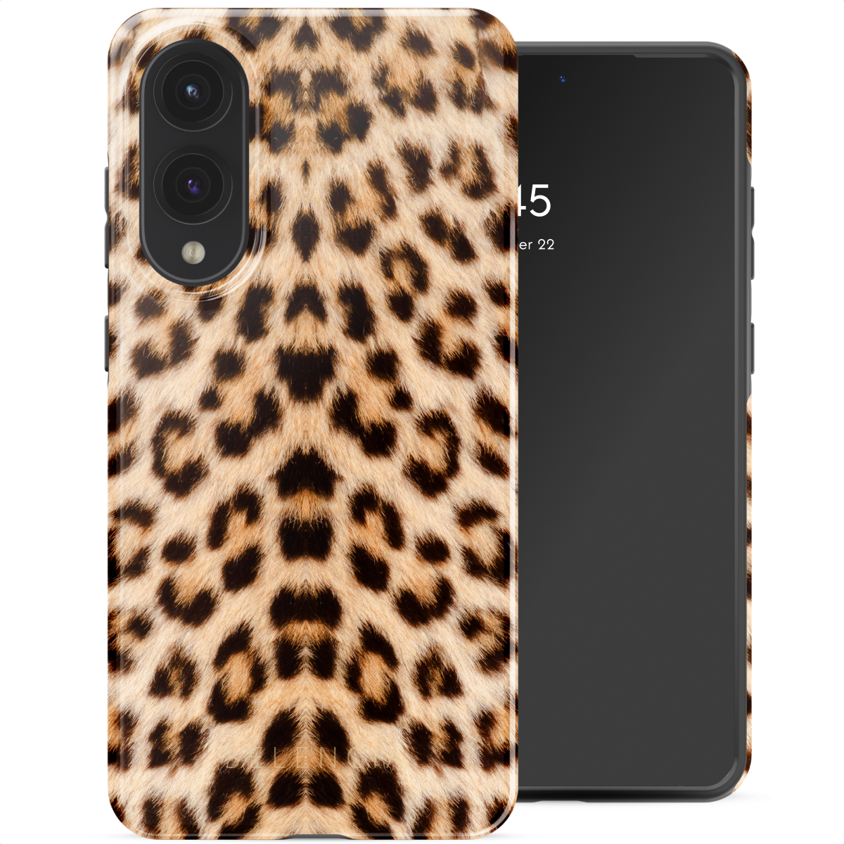 Un smartphone avec une coque à imprimé léopard. Le téléphone a un écran noir affichant l'heure et la date. La coque est marron et noire.