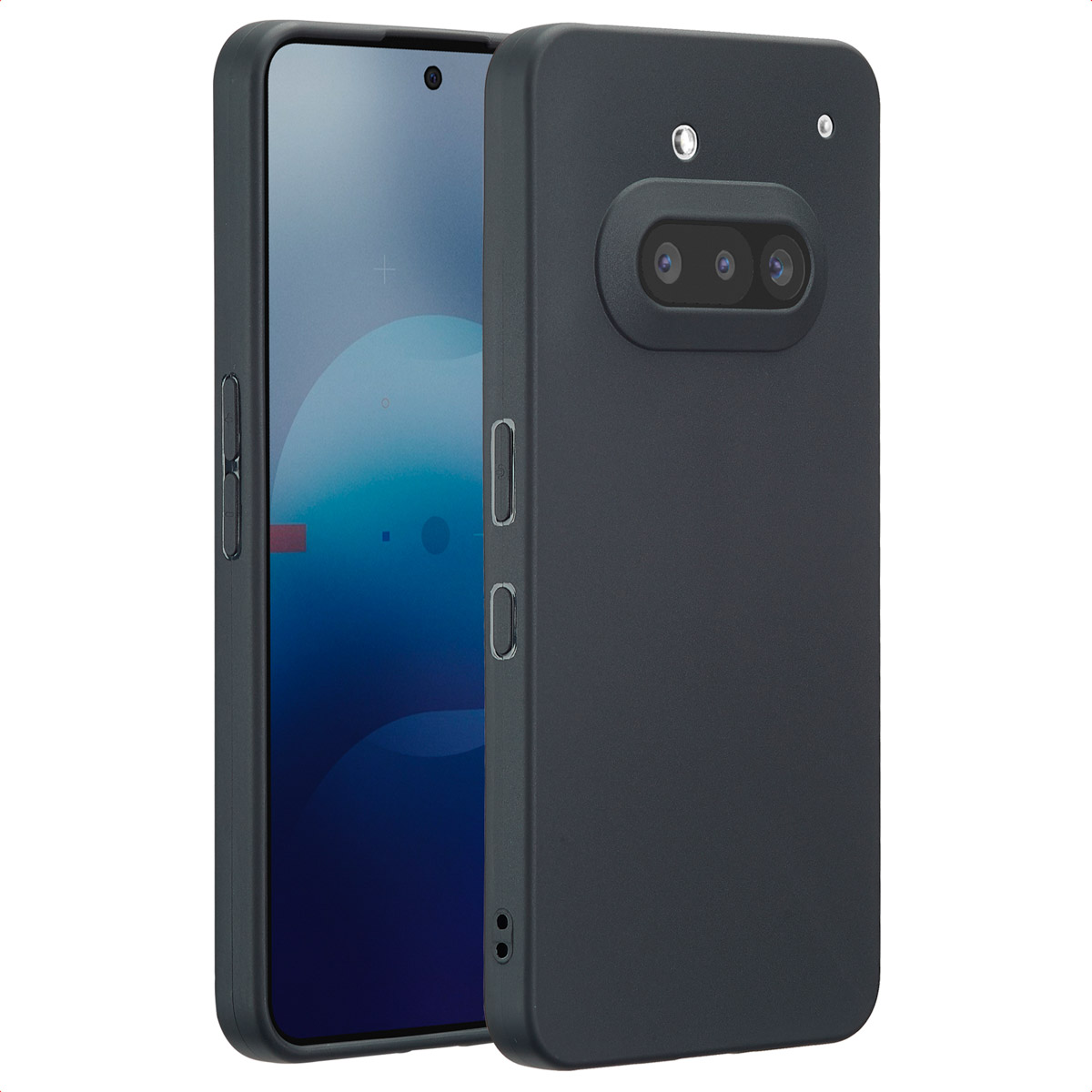 Téléphone noir dans un étui. Le téléphone a un écran et une caméra. L'étui est sombre et possède des boutons latéraux.