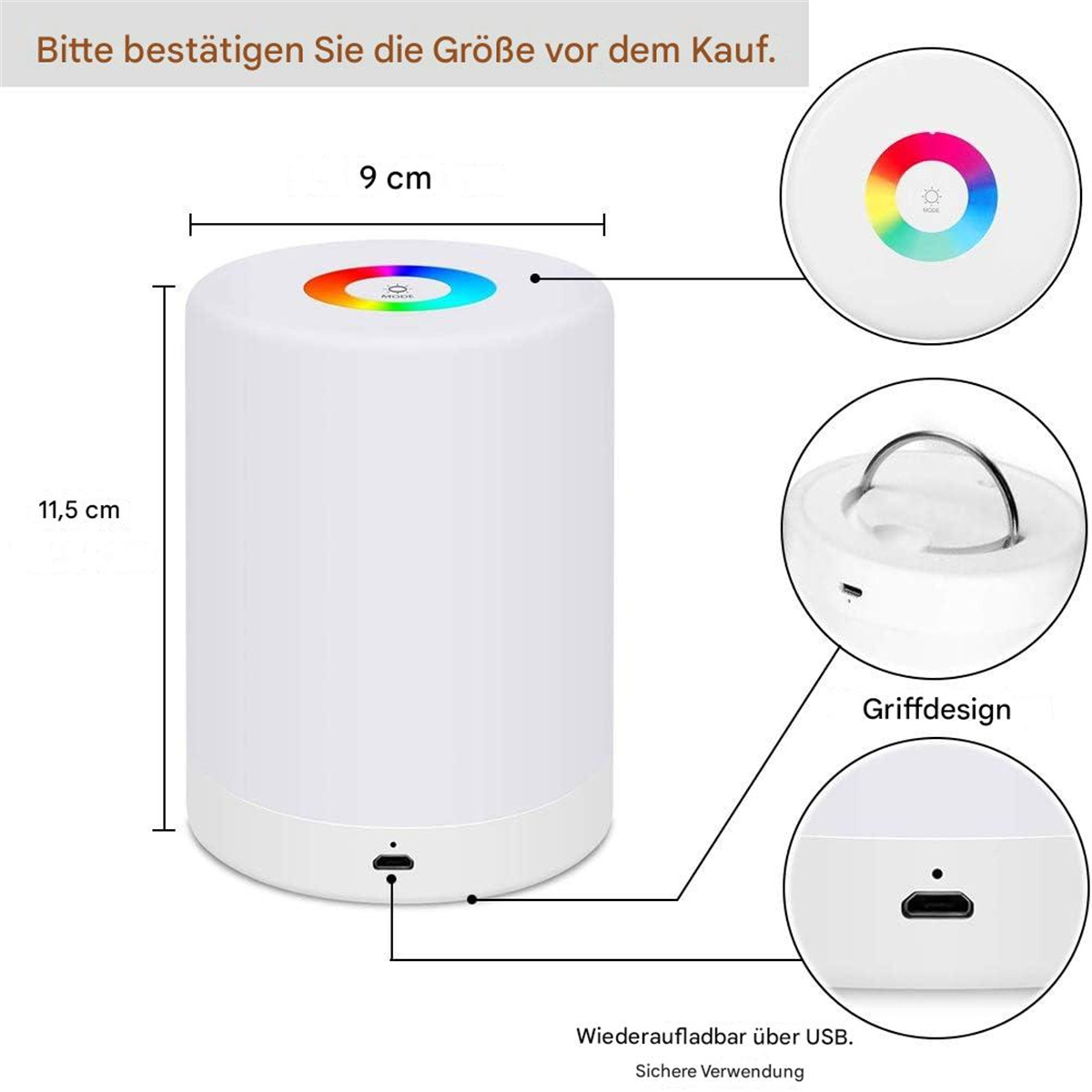 Eine weiße zylindrische Lampe mit der Oberseite mit dem Wort MODE. Vier Lichteinstellungen werden gezeigt.