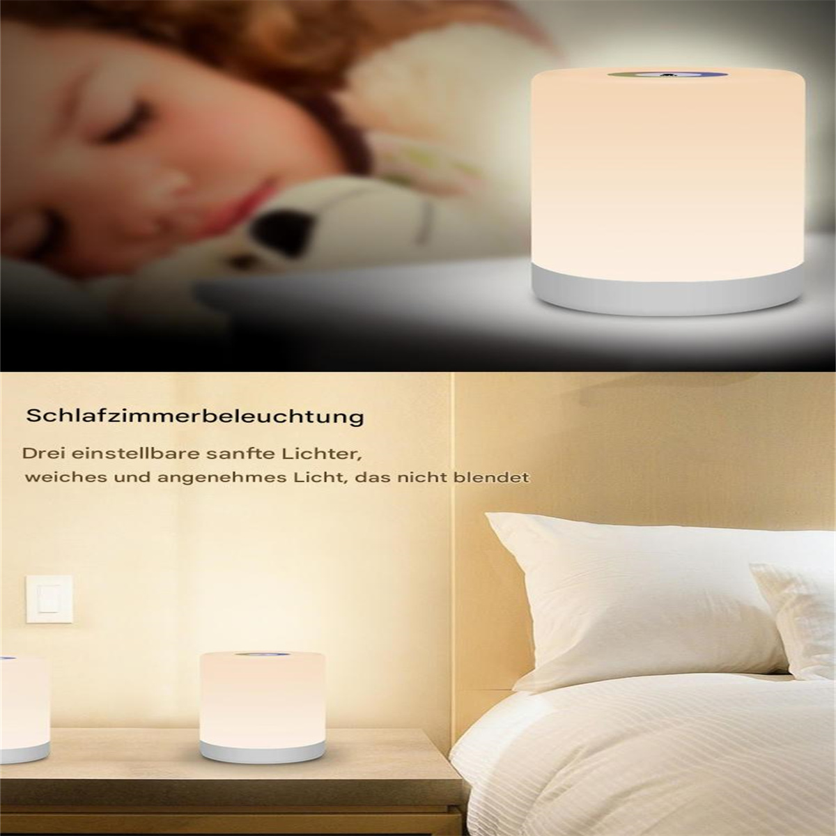 Eine weiße und graue Nachttischlampe steht auf einem Nachttisch. Im Hintergrund verschwommen schläft eine Person.