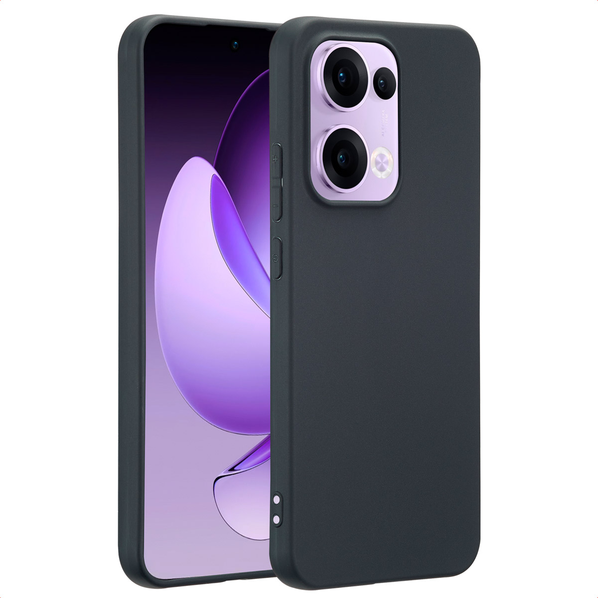Une coque de téléphone noire avec une découpe pour caméra à double objectif sur fond blanc.