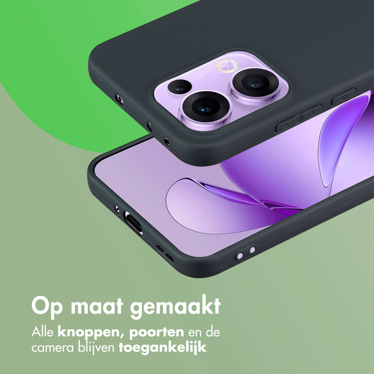 Coque de téléphone sur le téléphone, montrant les boutons et l'accessibilité de la caméra. Gris foncé.
