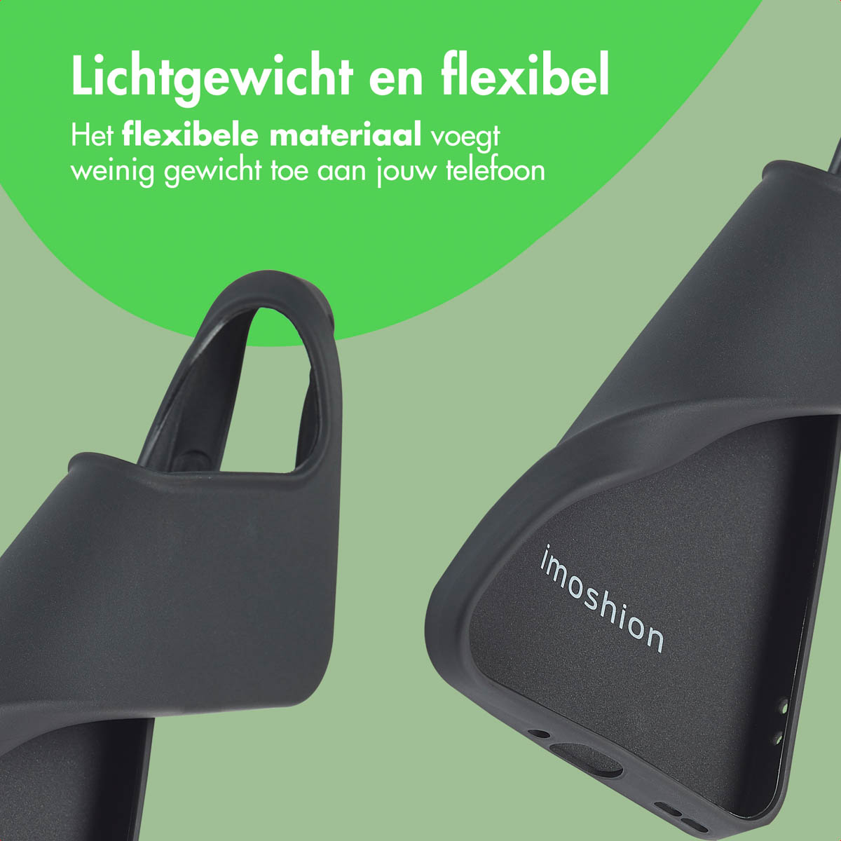 Deux coques de téléphone avec le mot "imoshion" sont affichées sur un fond vert.