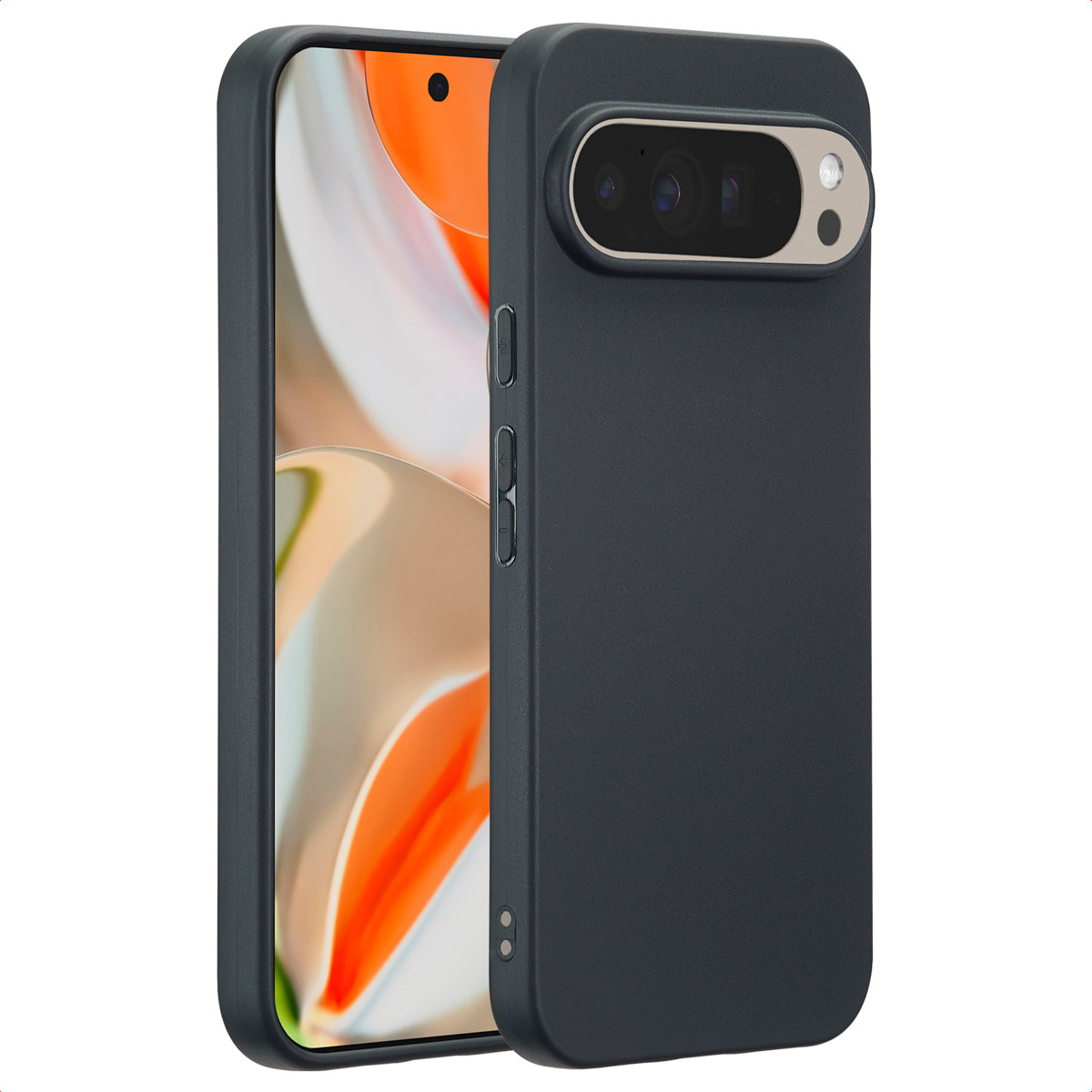 Telefoonhoesje met camera-uitsparing, toont de camera van de telefoon. De hoes is donkergrijs.
