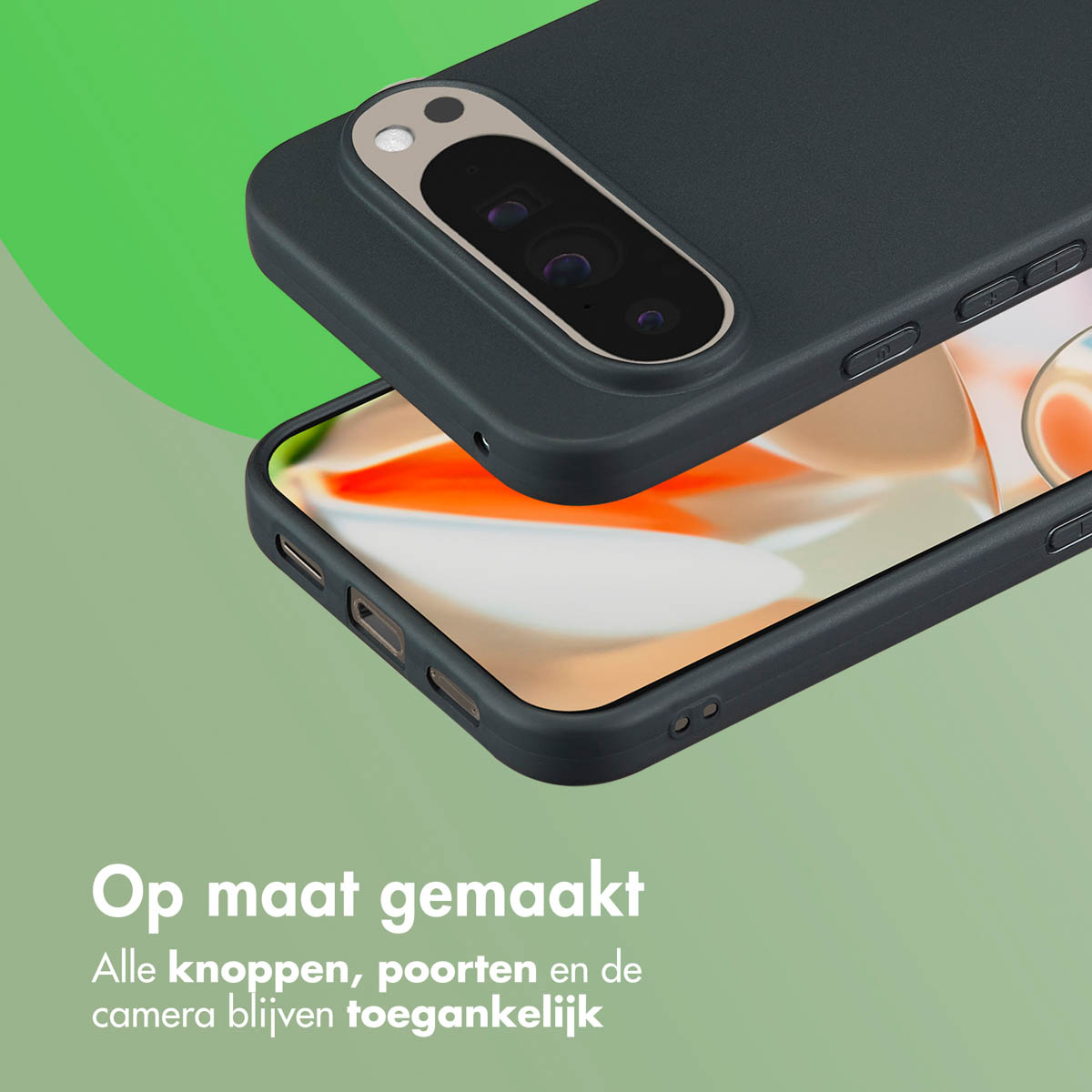 Telefoonhoesje over telefoon, met knoppen en camera toegankelijkheid. De hoes is donkergrijs.