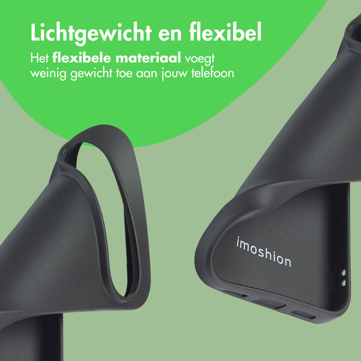 Zwarte telefoonhoes. De tekst op de afbeelding zegt 'Lichtgewicht en flexibel'.