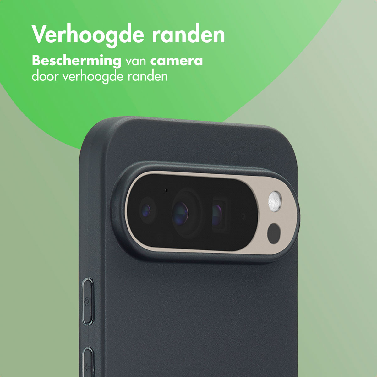 Zwarte telefoonhoes met camera. De tekst op de afbeelding zegt 'Verhoogde randen'.