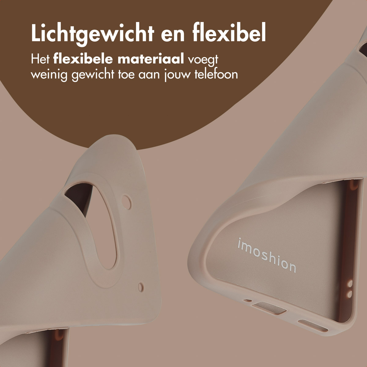 Coque de téléphone ouverte, montrant le téléphone à l'intérieur. Texte : 'Léger et flexible'. Coque marron clair.