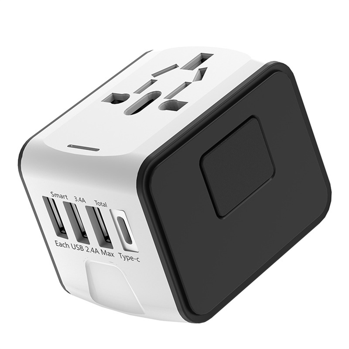 Weißer und schwarzer Würfel-Reiseadapter. Es hat mehrere USB-Anschlüsse und Universalstecker.