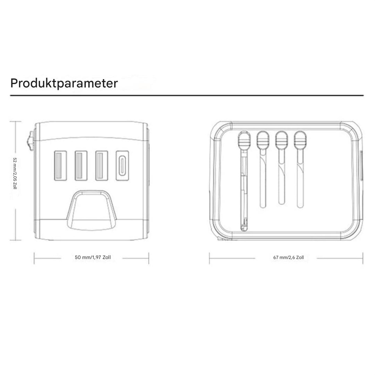 Diagramm eines schwarzen Adapters mit Abmessungen und einem Gehäuse mit drei kleinen Mikrofonen. Weißer Hintergrund.