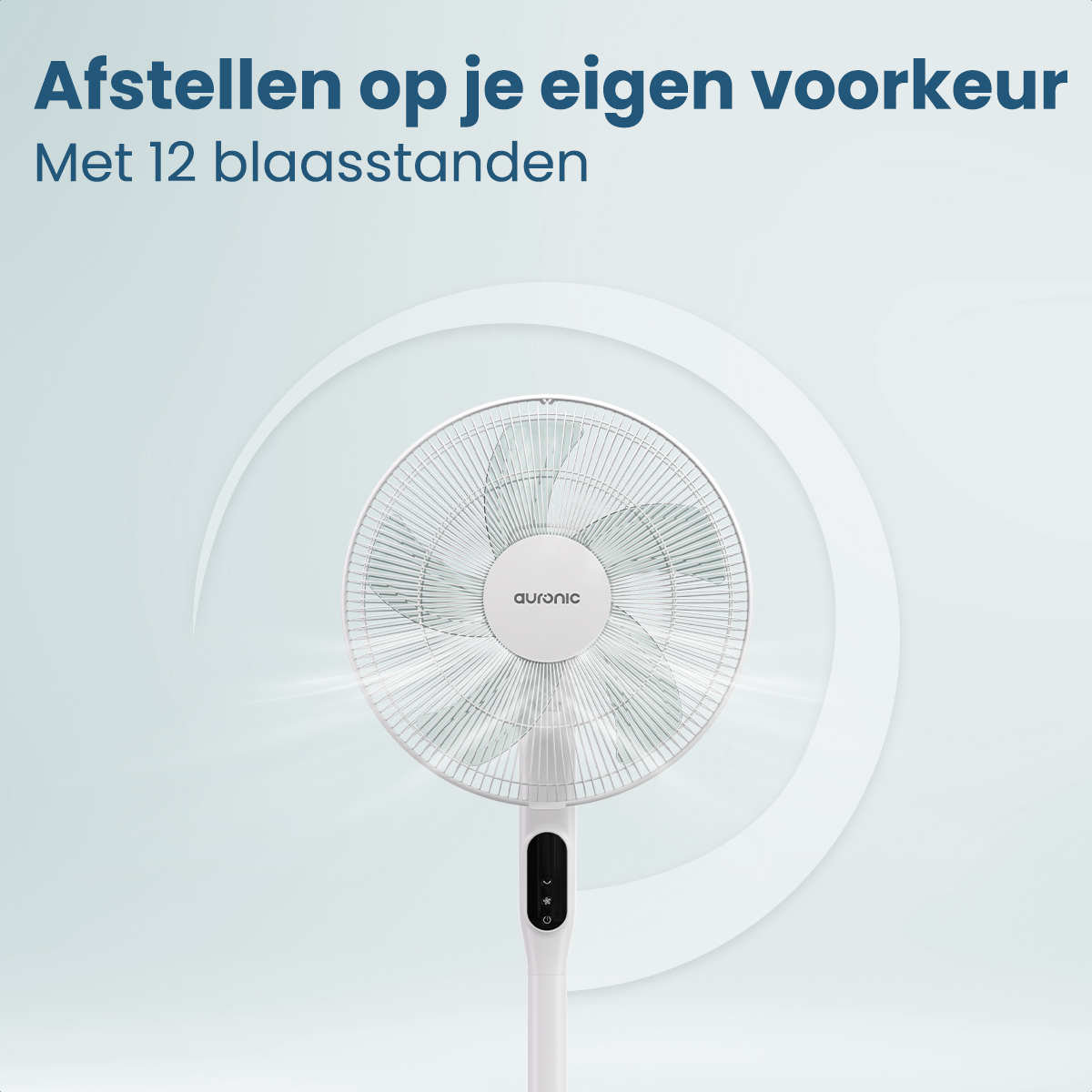 Ventilateur blanc avec fond bleu avec texte. Il dit : Ajustez selon vos préférences. Avec 12 vitesses.