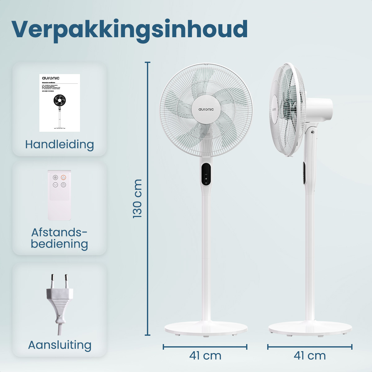 Image du contenu de l'emballage d'un ventilateur. Manuel, télécommande et prise avec dimensions.