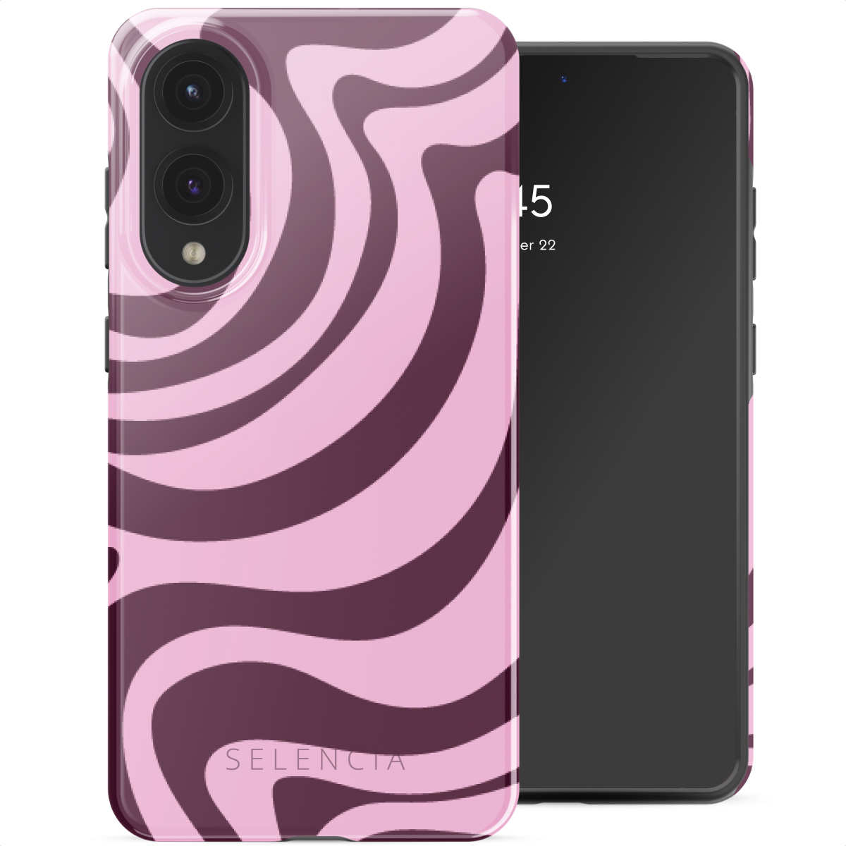 Telefoonhoesje met roze en donker golvend ontwerp en een telefoon erin, die de tijd en datum toont.
