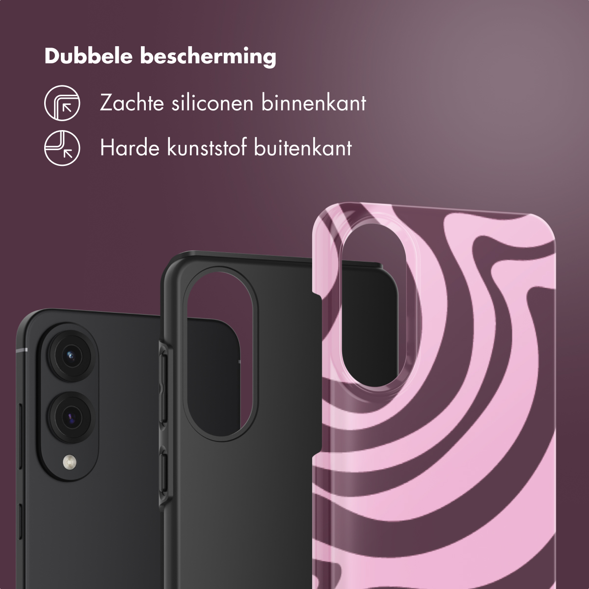 Telefoonhoesje met roze en donker golvend ontwerp. Toont de telefoonhoes binnen en buiten.