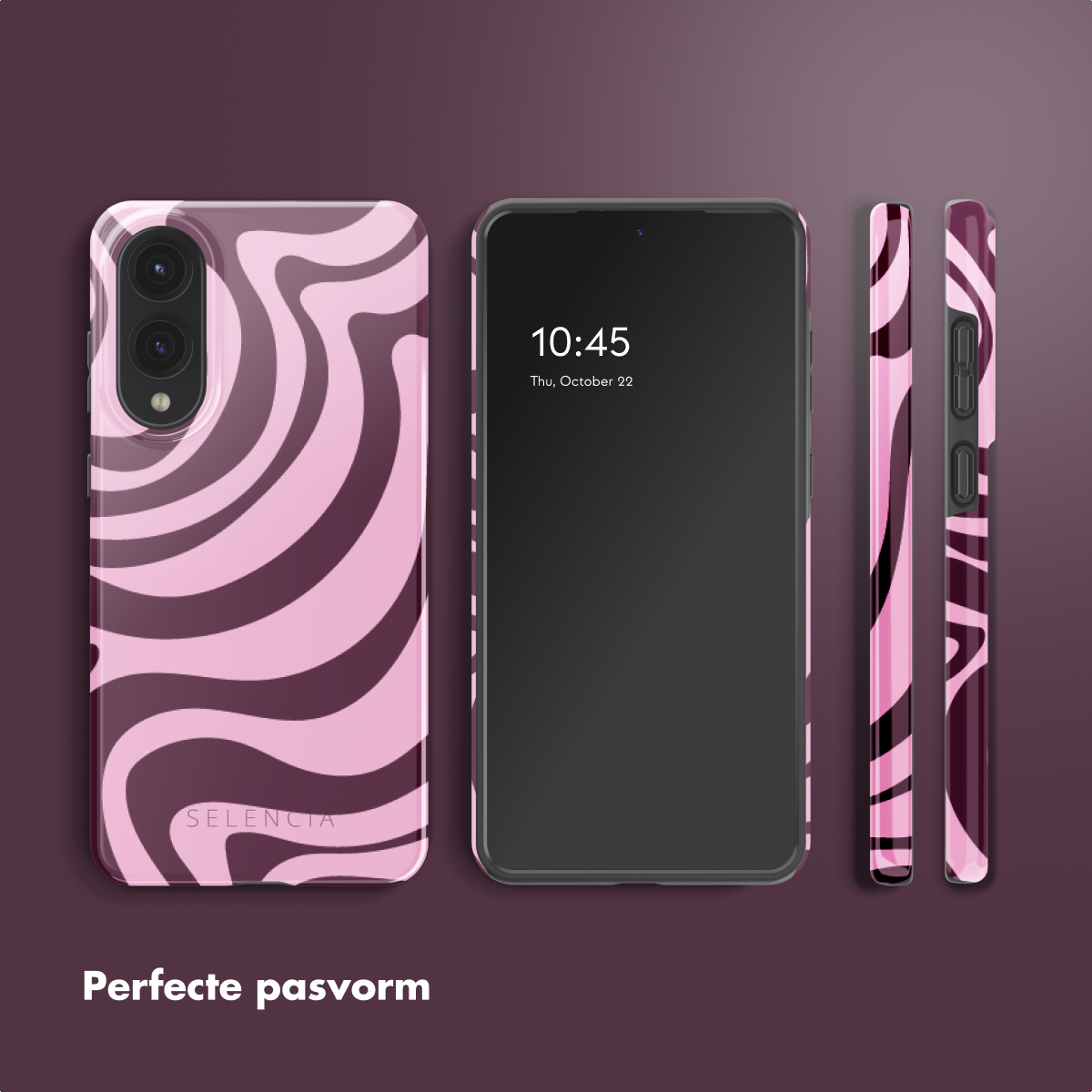 Telefoonhoesje met roze en donker golvend ontwerp, met de telefoonhoes en de telefoon erin. Witte achtergrond.