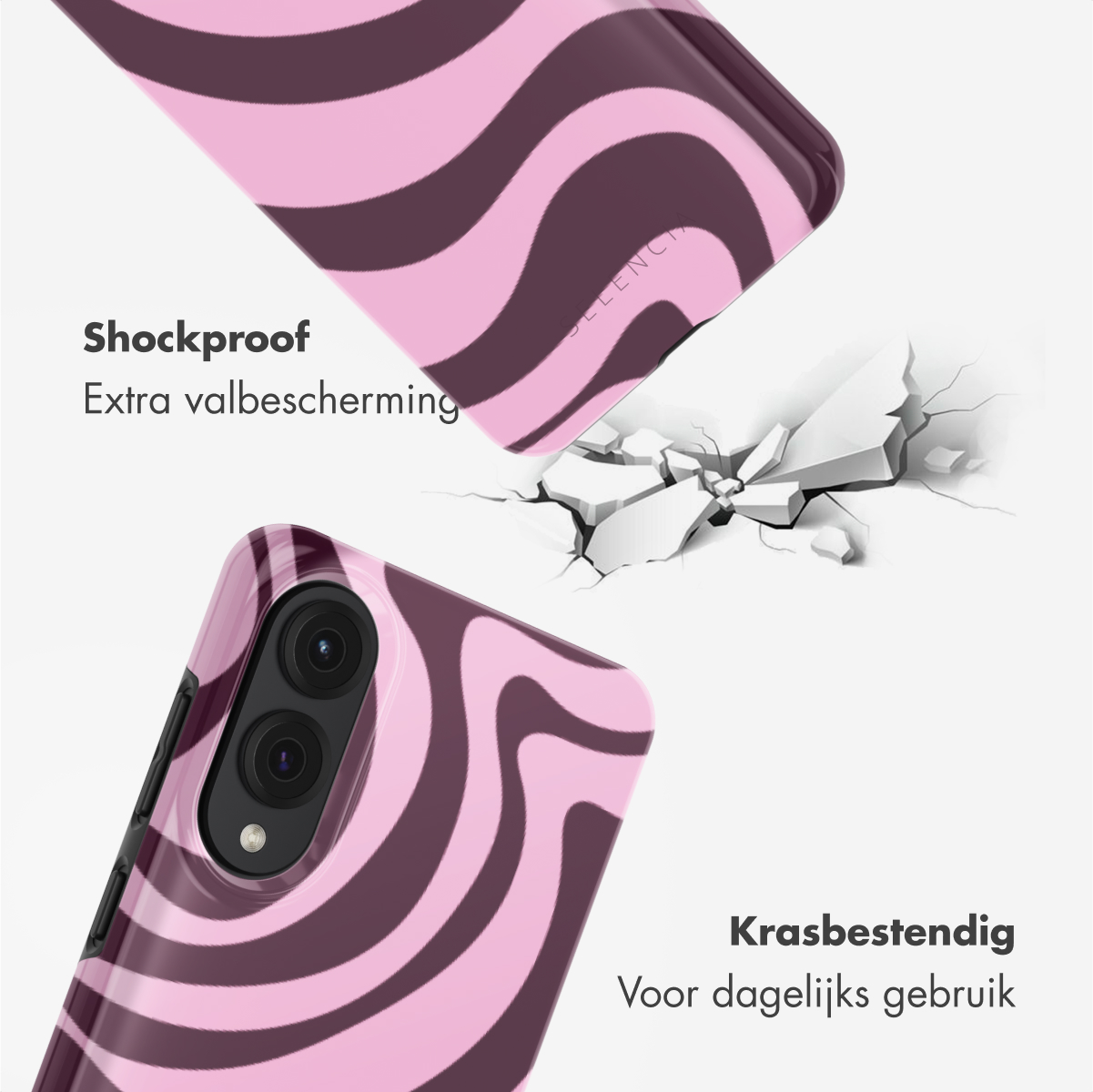 Telefoonhoesje met roze en donker golvend ontwerp. De telefoonhoes zit in de lucht en op de grond.