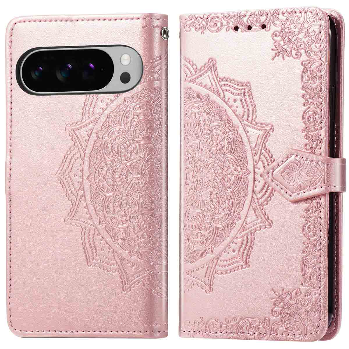 Roze telefoonhoes open, toont bloemenontwerp en telefoon. Mandala-patroon is zichtbaar.