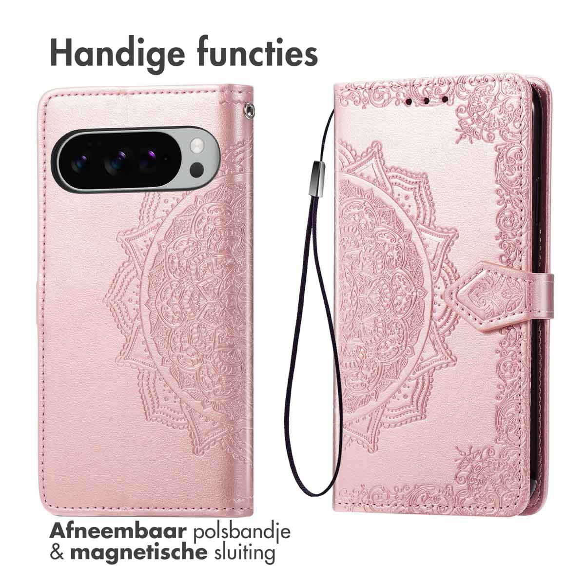 Roze telefoonhoesje met een mandala-ontwerp, een riempje en een magnetische sluiting. Witte achtergrond.