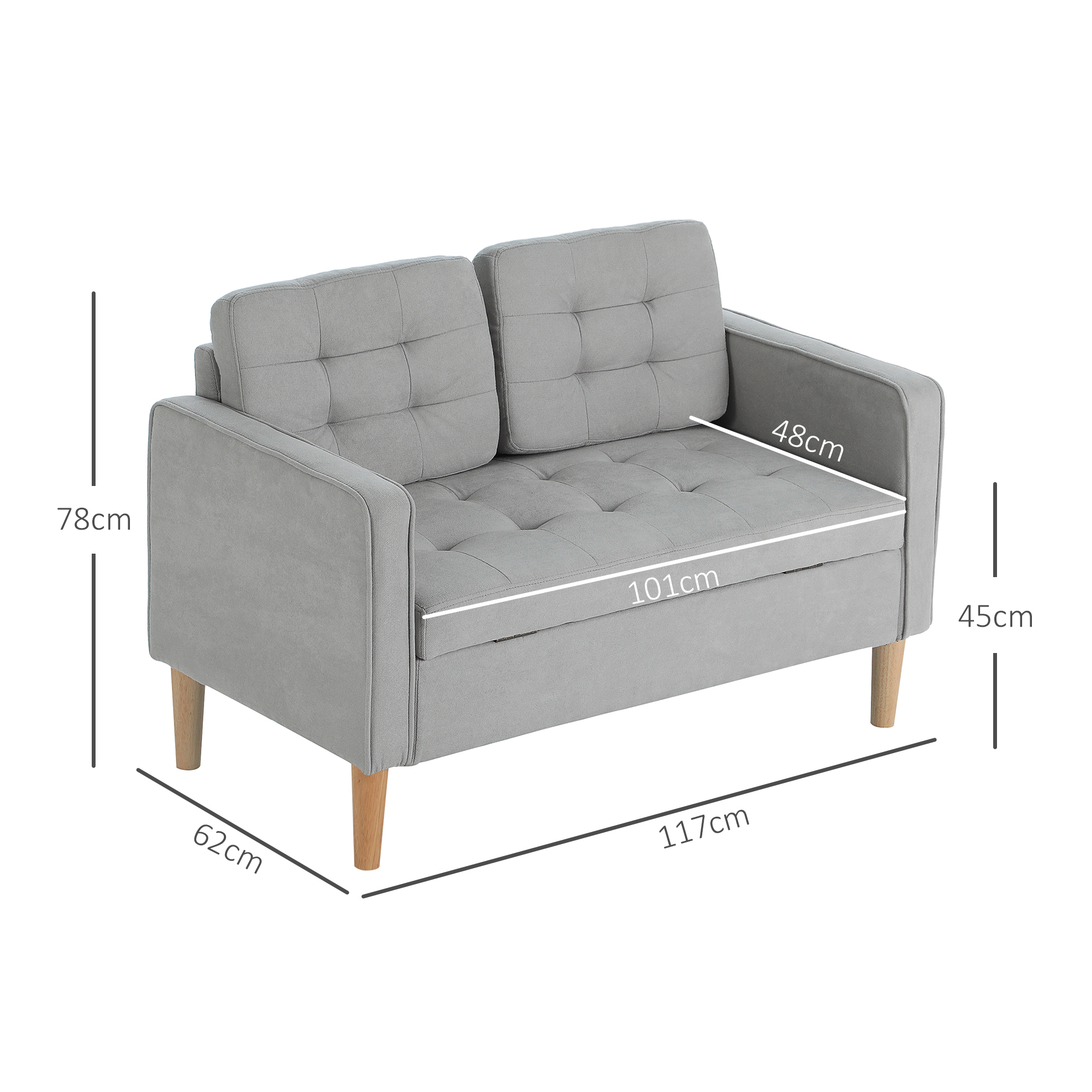 Graues Liebessofa mit Maßangaben: 78 cm Höhe, 117 cm Breite, 62 cm Tiefe, 48 cm Sitzbreite, 101 cm Sitztiefe.