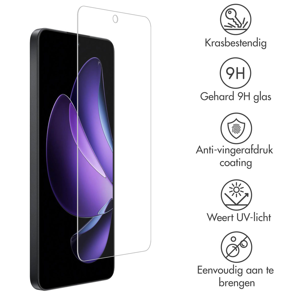 Protecteur d'écran de téléphone. Transparent, avec des icônes de résistance aux rayures, verre 9H et revêtement anti-traces.