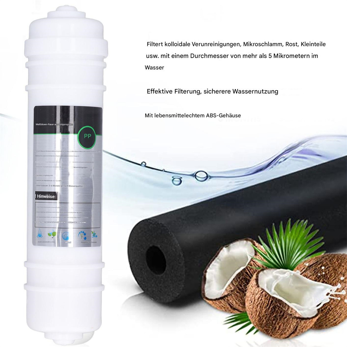 Weißer Wasserfilter mit Text, ein schwarzer Filter und Kokosnüsse.