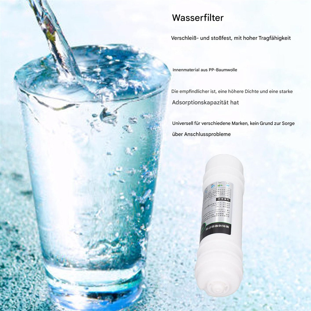 Wasser wird in ein Glas gegossen, neben einer weißen Wasserfilterpatrone.