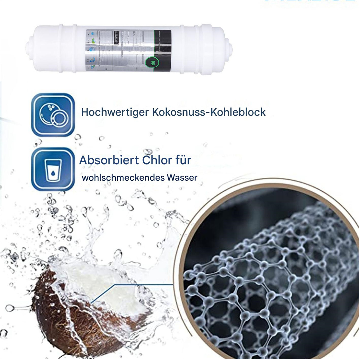 Wasserfilter, eine Kokosnuss und eine Diagramm seiner Komponenten.