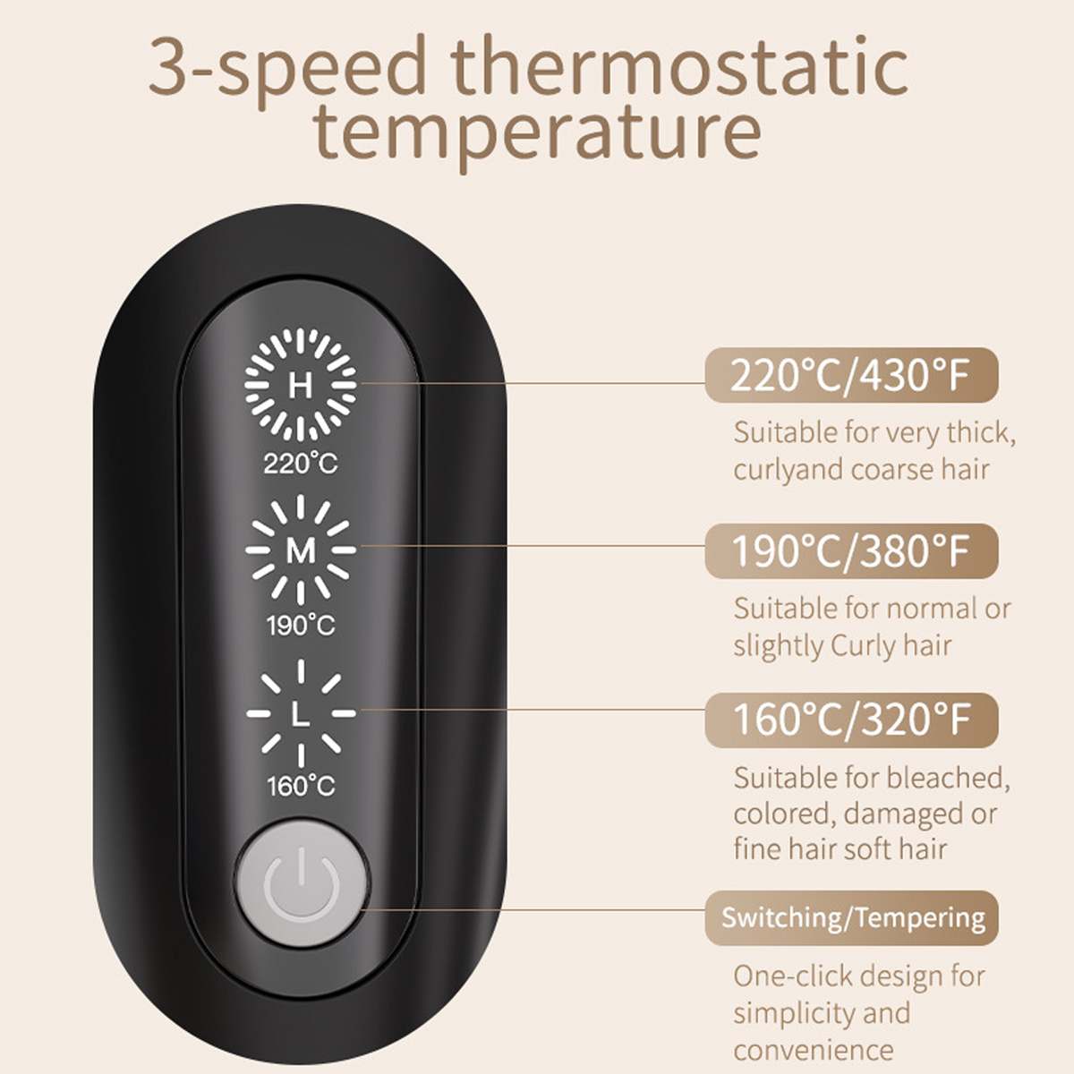 Nahaufnahme eines Haarstyling-Tools mit Temperatureinstellungen: 160, 190 und 220 Grad Celsius.