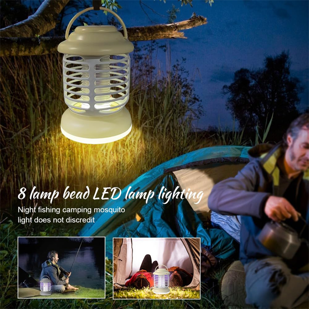 Eine Mückenvernichter-Laterne beleuchtet einen Campingplatz. Insets zeigen Angeln und im Zelt.