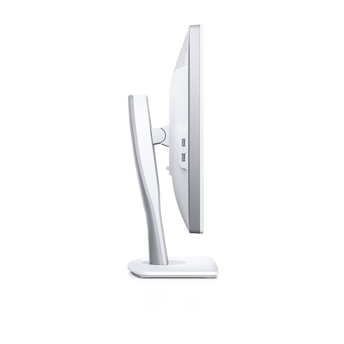 Monitor Dell bianco, vista laterale, con porte e supporto.