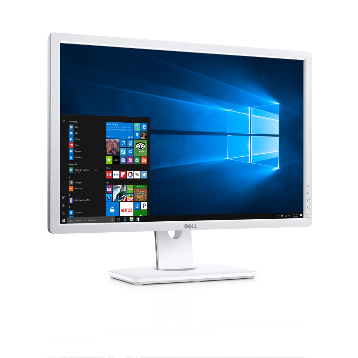 Monitor Dell bianco, vista frontale, che mostra l'interfaccia di Windows.