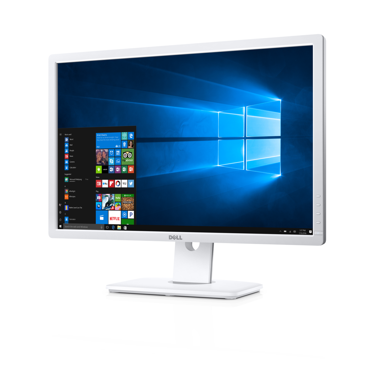 Monitor Dell bianco, vista frontale, che mostra l'interfaccia di Windows.