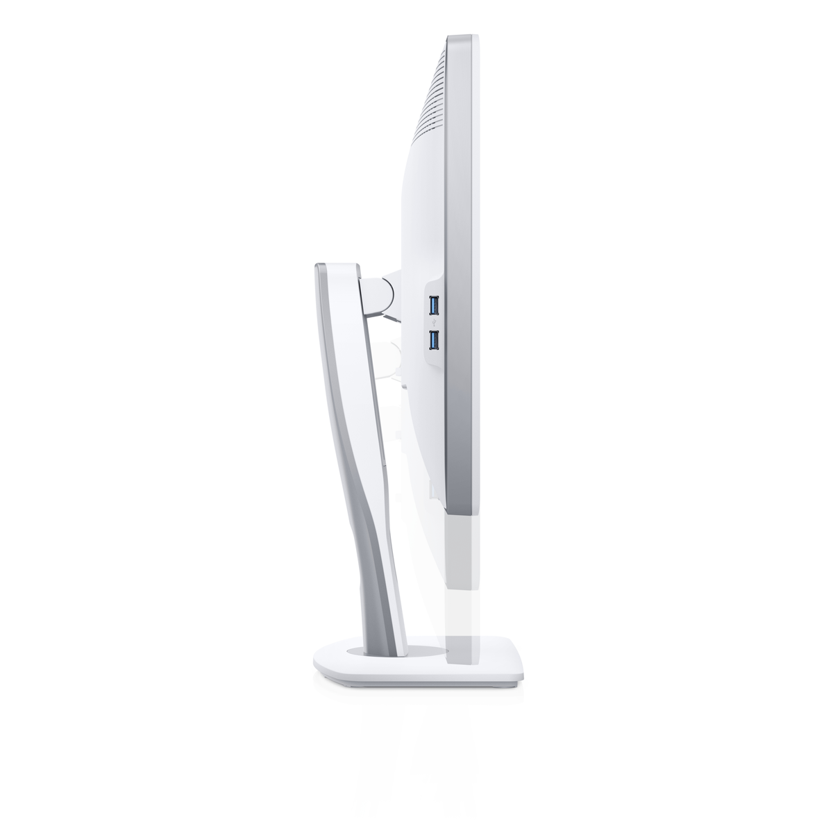 Monitor Dell bianco, vista laterale, con porte e supporto.