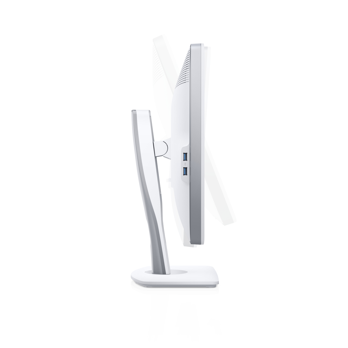 Un monitor per computer, bianco e argento, inclinato di lato. Ha un supporto e due porte USB.