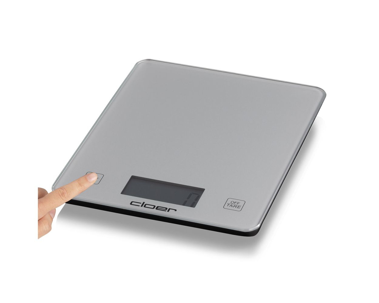 Digitale Küchenwaage mit einem Finger, der die Ein-/Tara-Taste drückt. Die Anzeige zeigt Null.