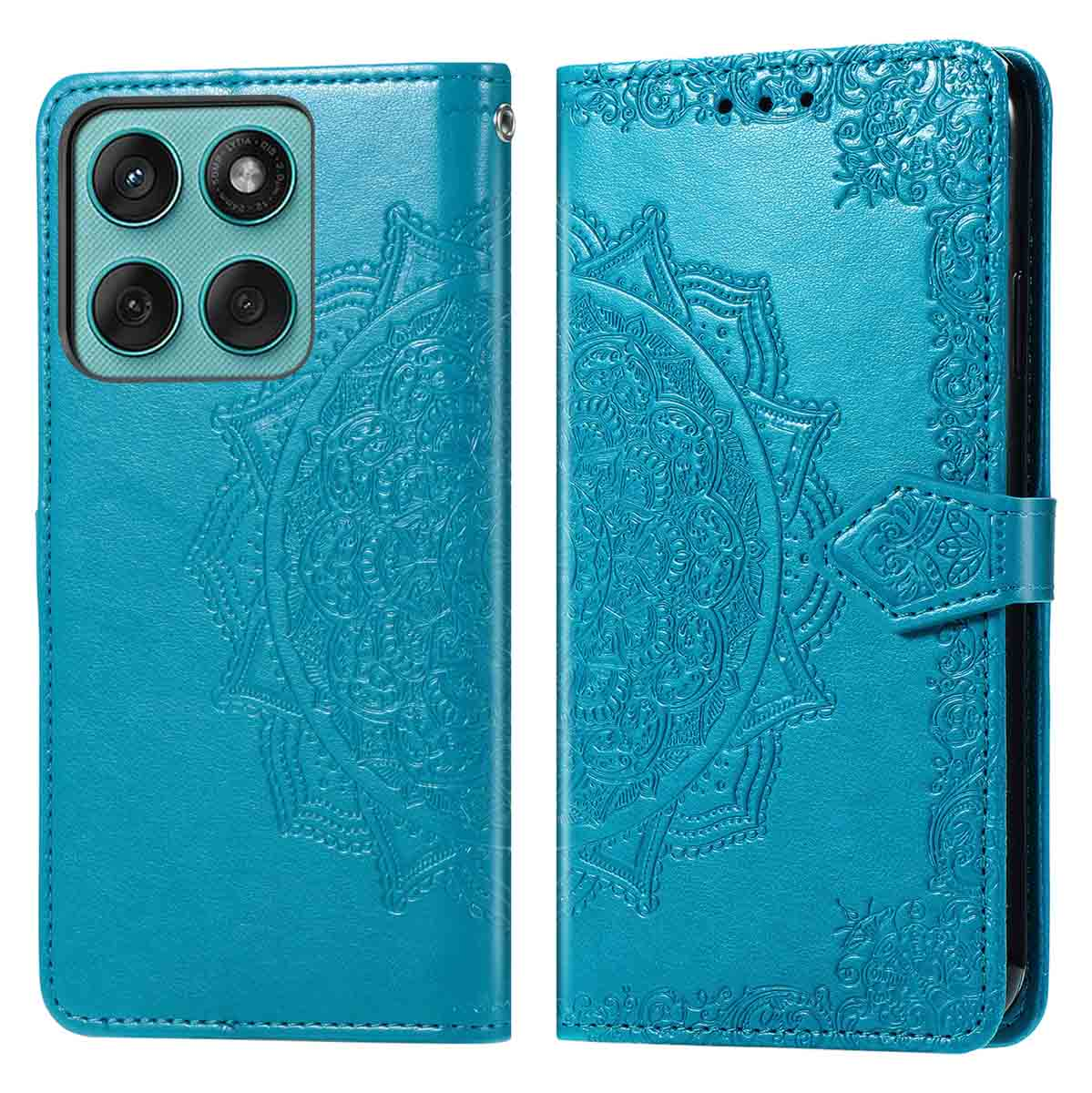 Un étui de téléphone bleu avec un design mandala et de l'espace pour cartes et argent.