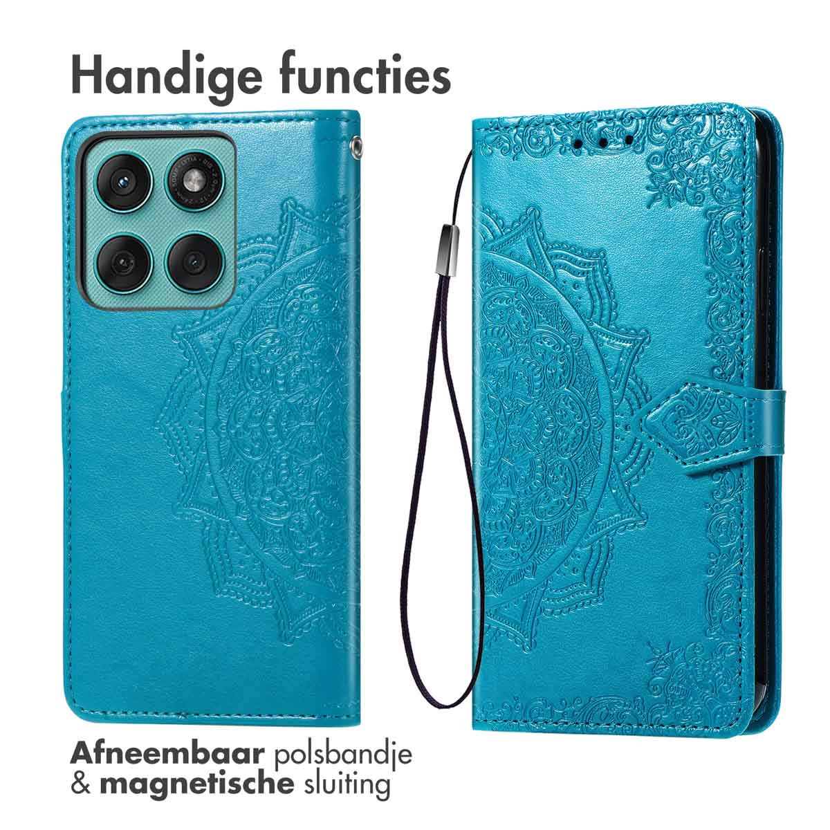 Coque de téléphone bleue, ouverte et fermée. Coque avec design, lanière et fermeture magnétique.
