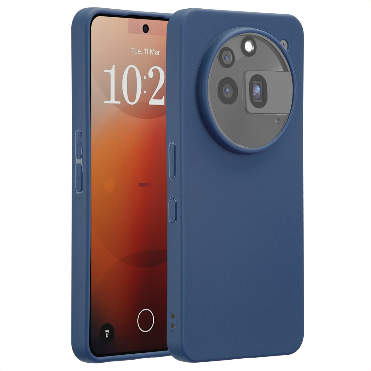 Een blauwe telefoonhoes met de telefoon erin. De telefoonhoes heeft een uitsparing voor de camera en zijknoppen.